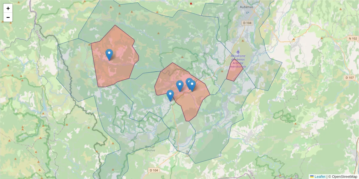 Carte de la zone du code postal  et des codes postaux voisins en France