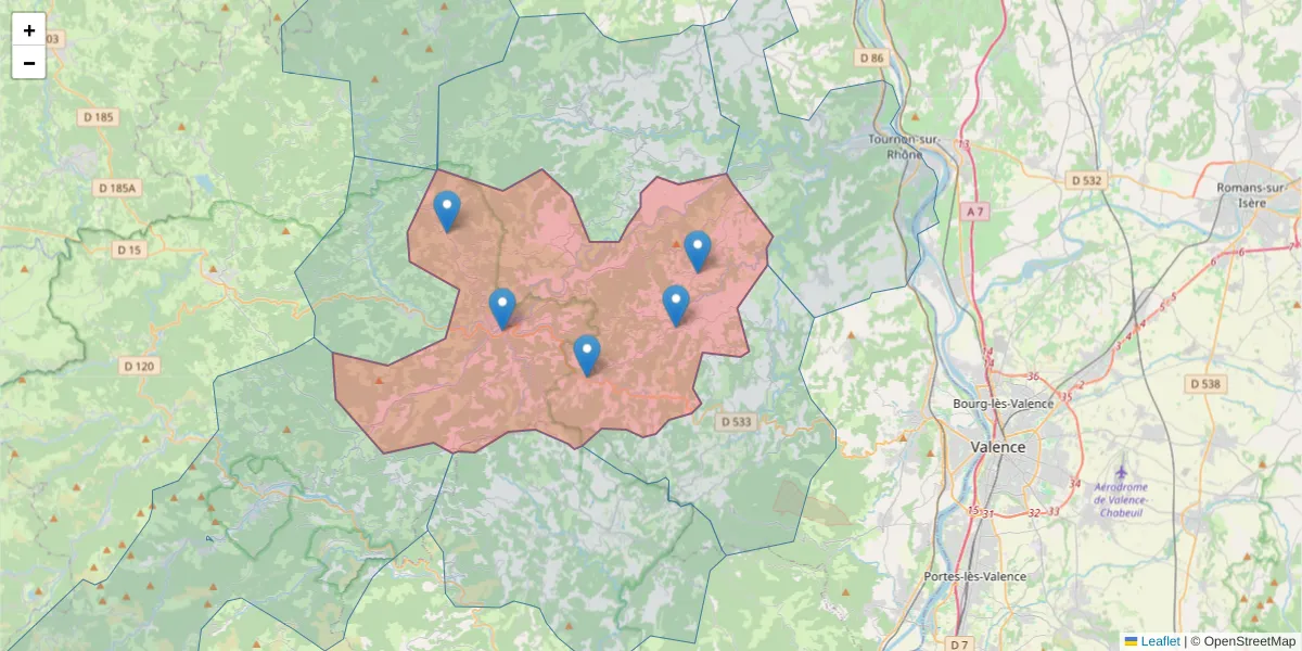 Carte de la zone du code postal  et des codes postaux voisins en France