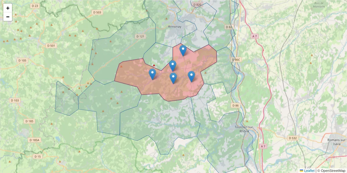Carte de la zone du code postal  et des codes postaux voisins en France