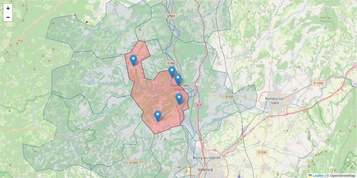 Carte de la zone du code postal  et des codes postaux voisins en France