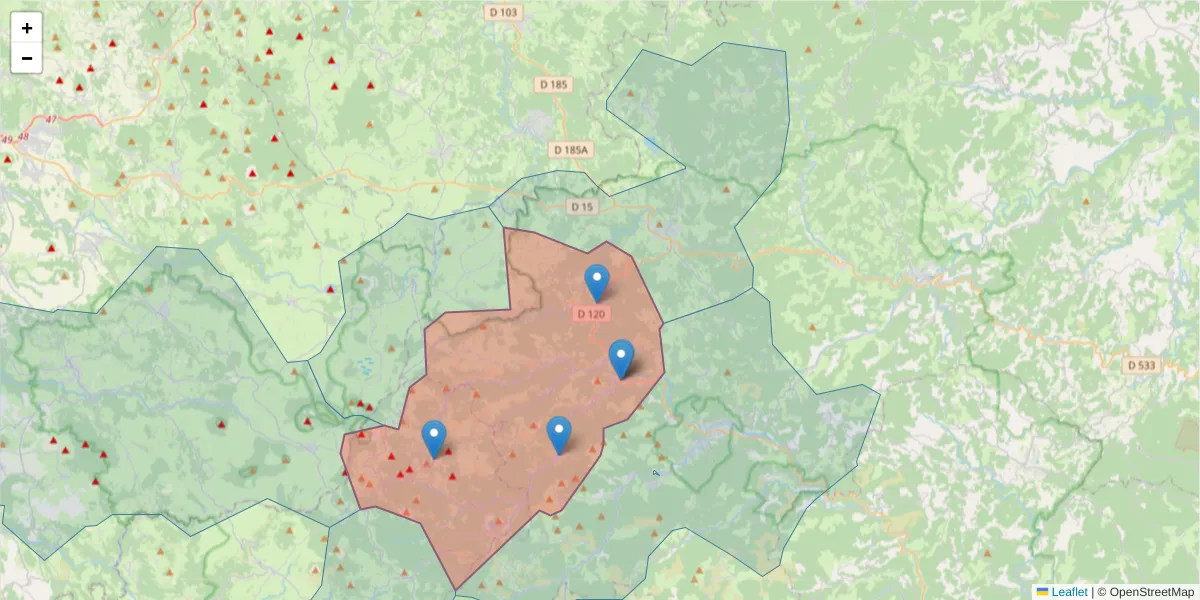 Carte de la zone du code postal  et des codes postaux voisins en France