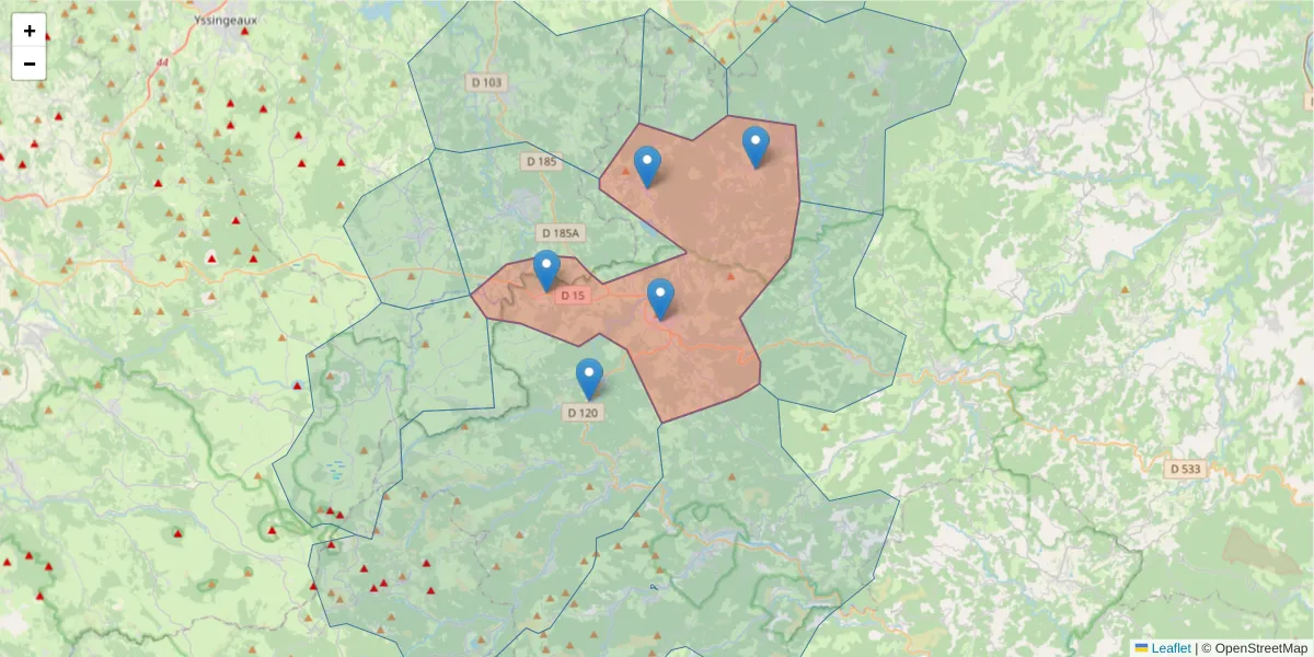 Carte de la zone du code postal  et des codes postaux voisins en France