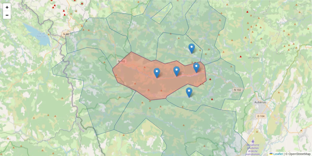 Carte de la zone du code postal  et des codes postaux voisins en France