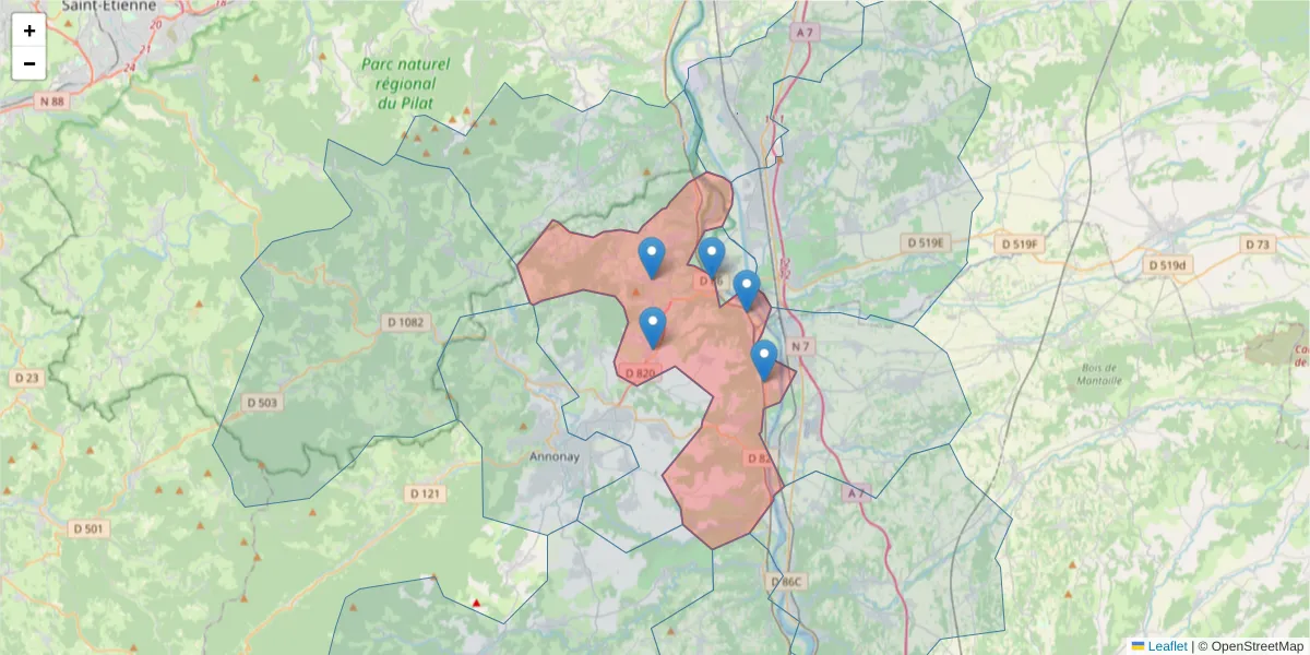 Carte de la zone du code postal  et des codes postaux voisins en France