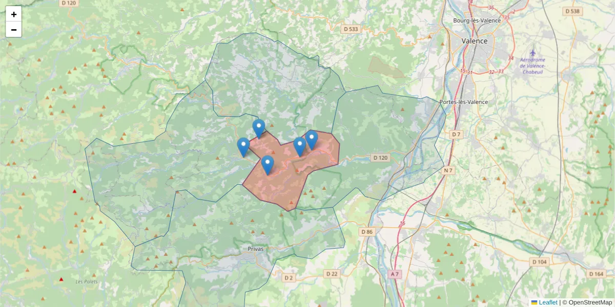 Carte de la zone du code postal  et des codes postaux voisins en France