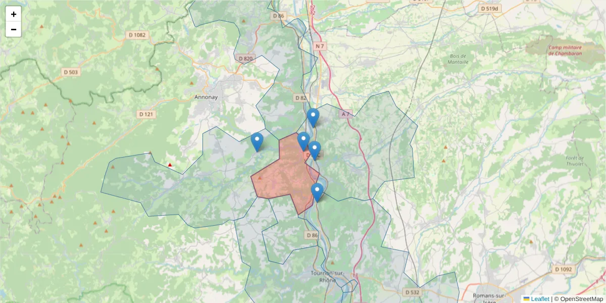 Carte de la zone du code postal  et des codes postaux voisins en France