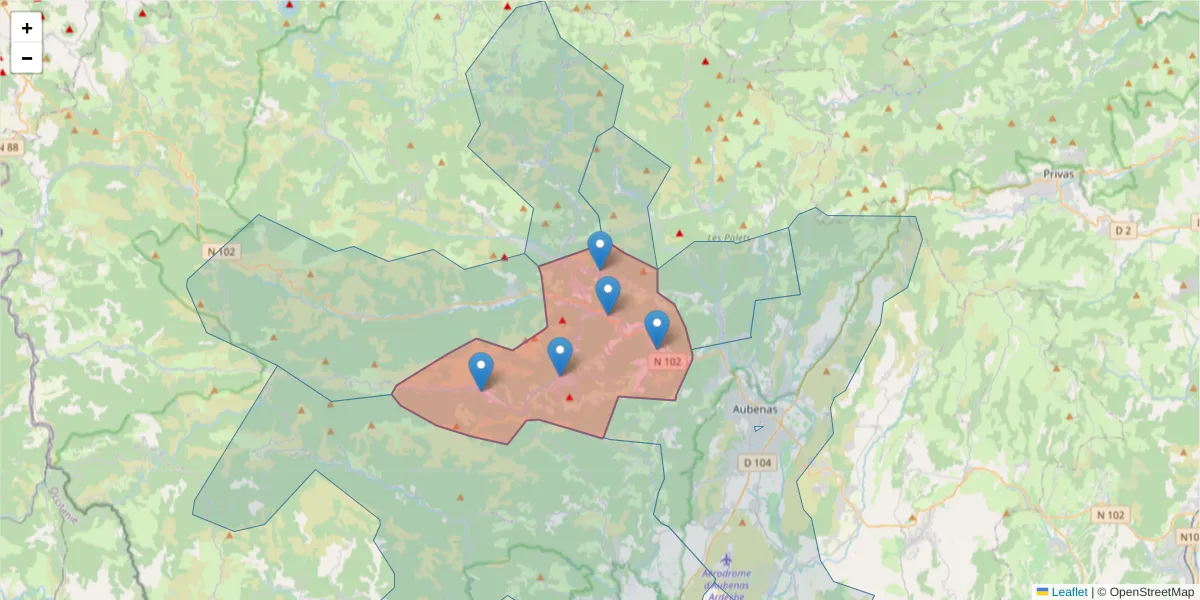 Carte de la zone du code postal  et des codes postaux voisins en France