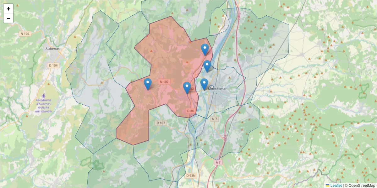 Carte de la zone du code postal  et des codes postaux voisins en France