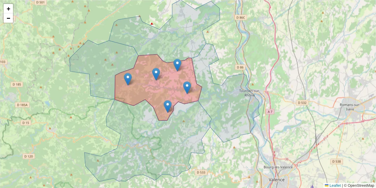 Carte de la zone du code postal  et des codes postaux voisins en France