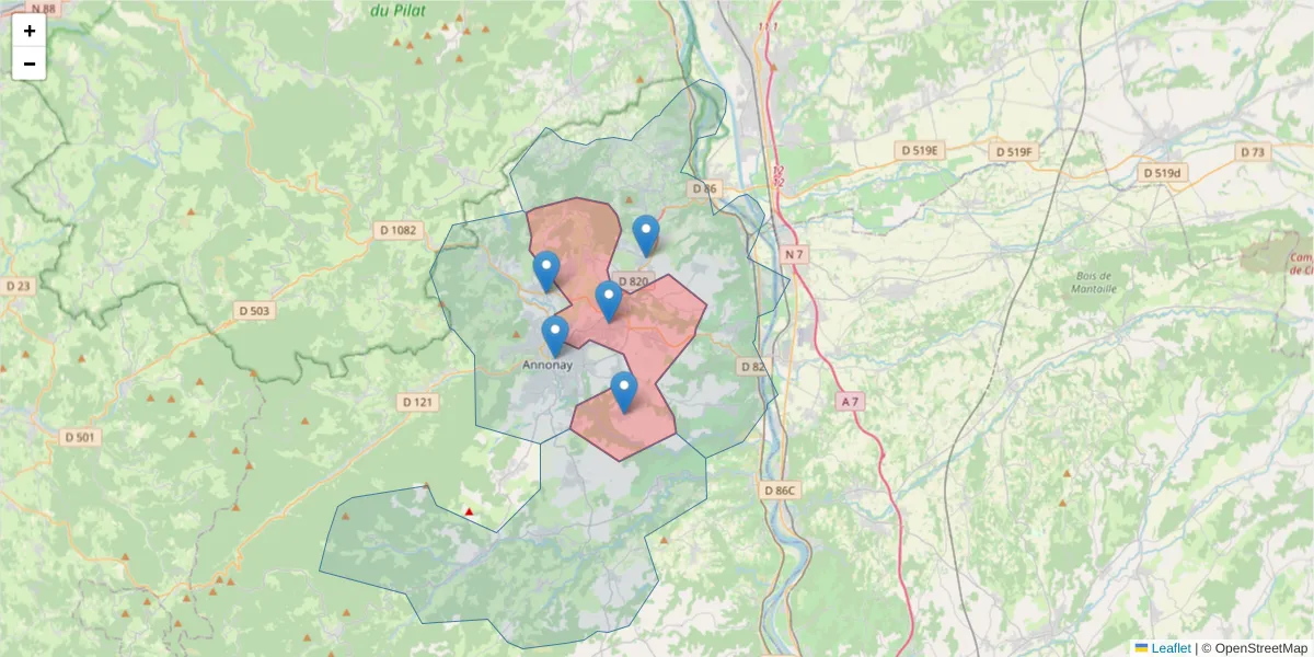 Carte de la zone du code postal  et des codes postaux voisins en France