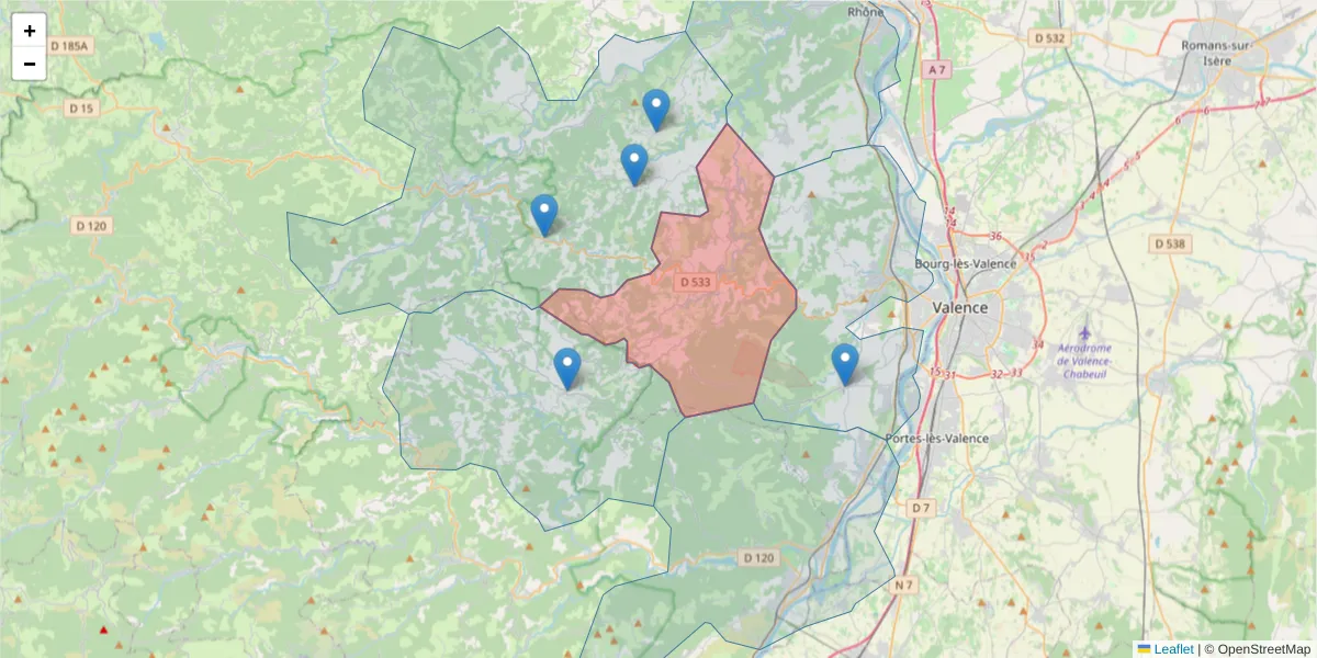 Carte de la zone du code postal  et des codes postaux voisins en France