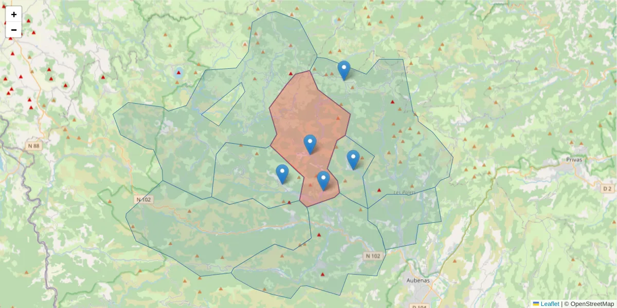 Carte de la zone du code postal  et des codes postaux voisins en France