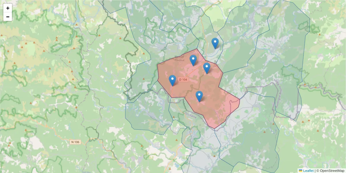 Carte de la zone du code postal  et des codes postaux voisins en France
