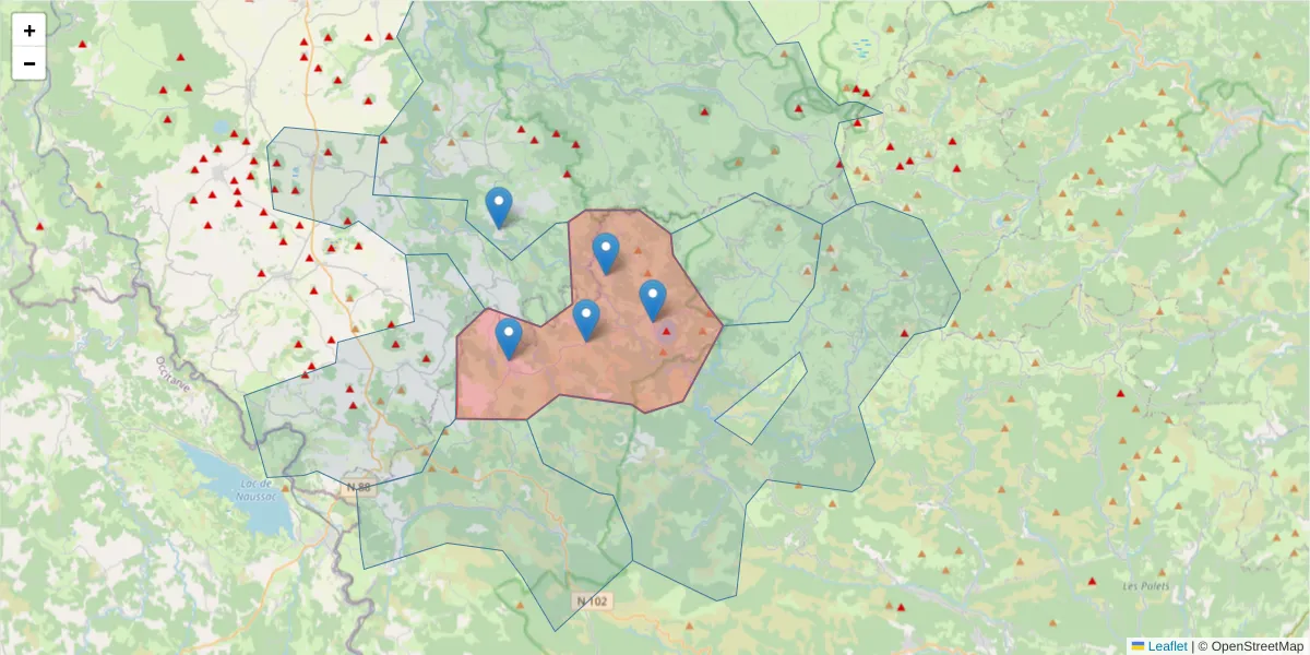 Carte de la zone du code postal  et des codes postaux voisins en France