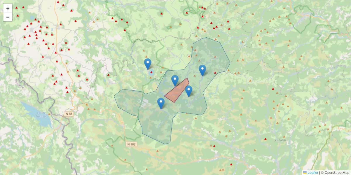 Carte de la zone du code postal  et des codes postaux voisins en France