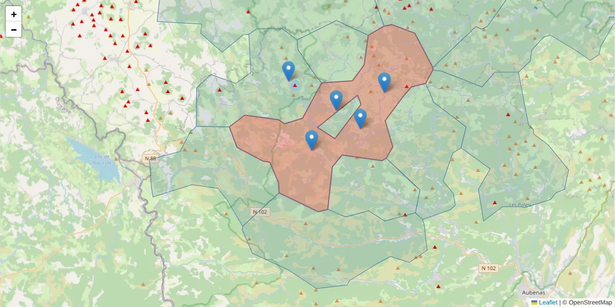 Carte de la zone du code postal  et des codes postaux voisins en France