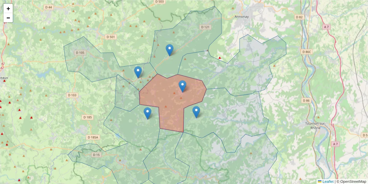 Carte de la zone du code postal  et des codes postaux voisins en France
