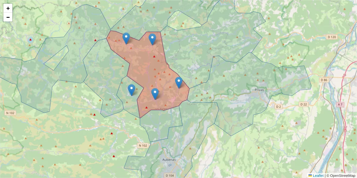 Carte de la zone du code postal  et des codes postaux voisins en France