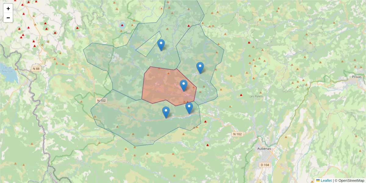 Carte de la zone du code postal  et des codes postaux voisins en France
