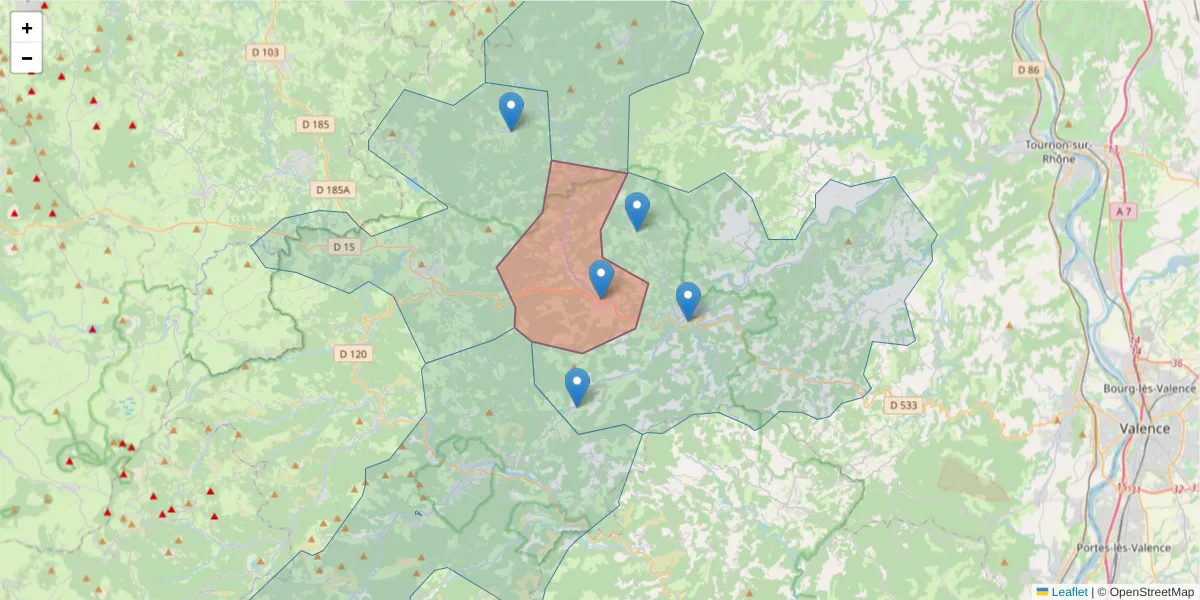 Carte de la zone du code postal  et des codes postaux voisins en France