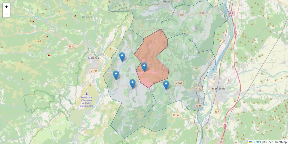 Carte de la zone du code postal  et des codes postaux voisins en France