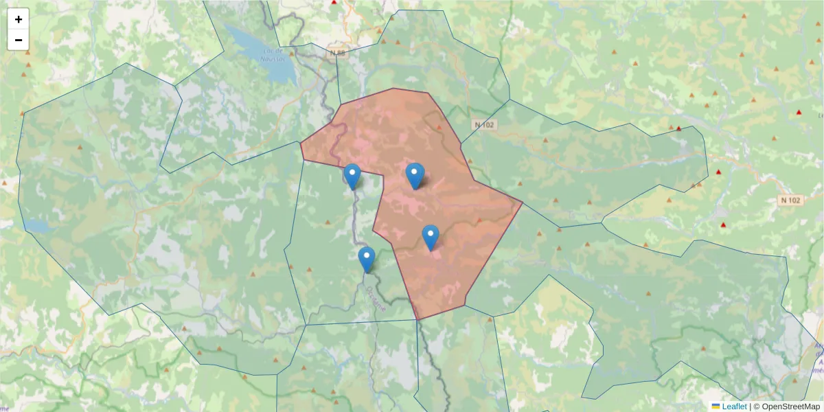 Carte de la zone du code postal  et des codes postaux voisins en France