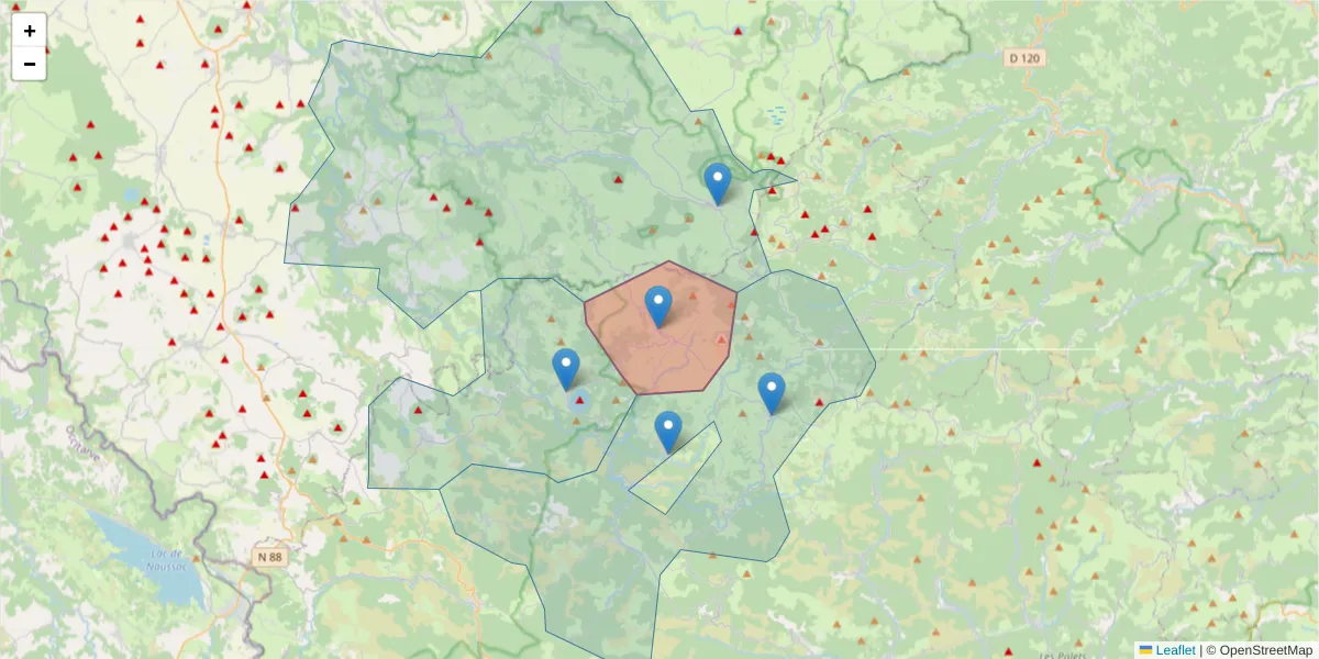 Carte de la zone du code postal  et des codes postaux voisins en France