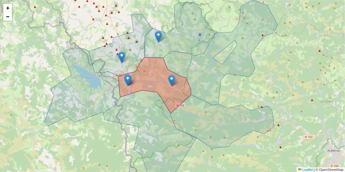 Carte de la zone du code postal  et des codes postaux voisins en France