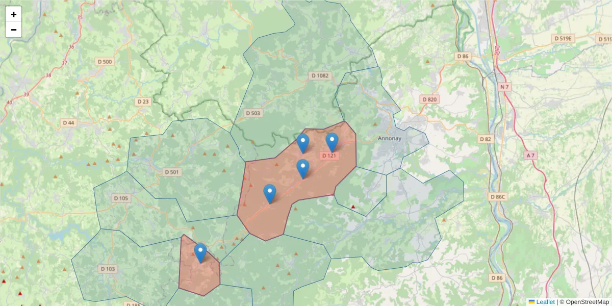 Carte de la zone du code postal  et des codes postaux voisins en France