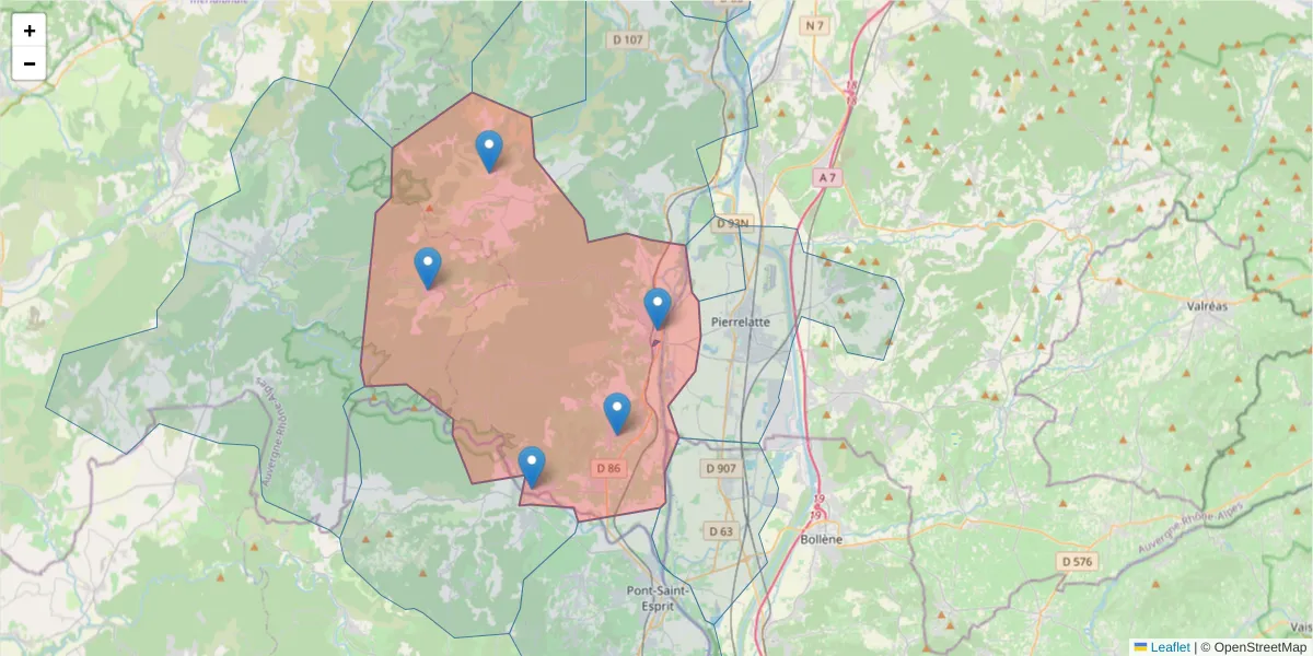 Carte de la zone du code postal  et des codes postaux voisins en France