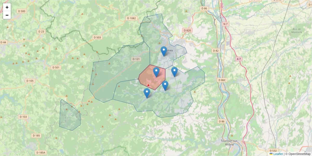 Carte de la zone du code postal  et des codes postaux voisins en France