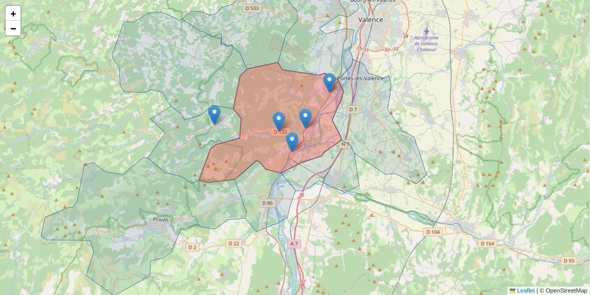 Carte de la zone du code postal  et des codes postaux voisins en France