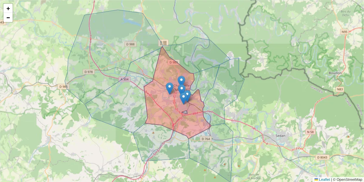 Carte de la zone du code postal  et des codes postaux voisins en France