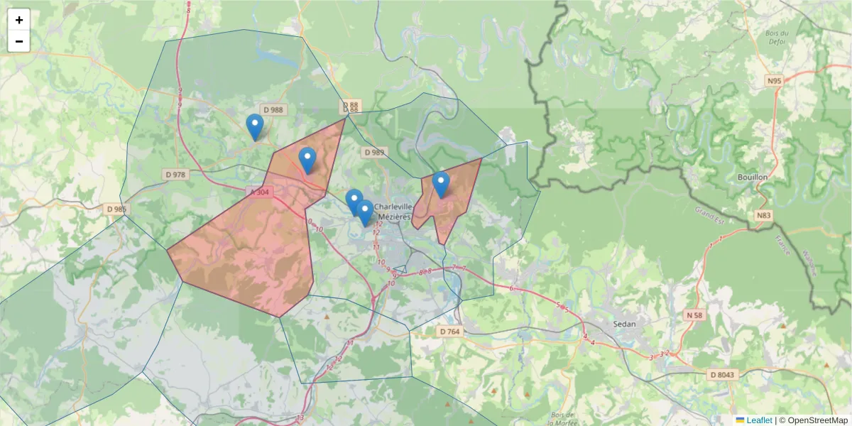 Carte de la zone du code postal  et des codes postaux voisins en France