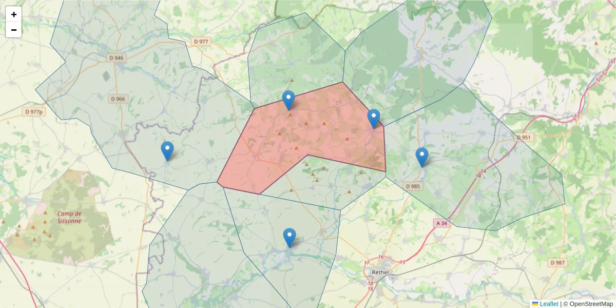 Carte de la zone du code postal  et des codes postaux voisins en France
