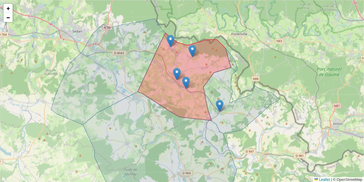 Carte de la zone du code postal  et des codes postaux voisins en France