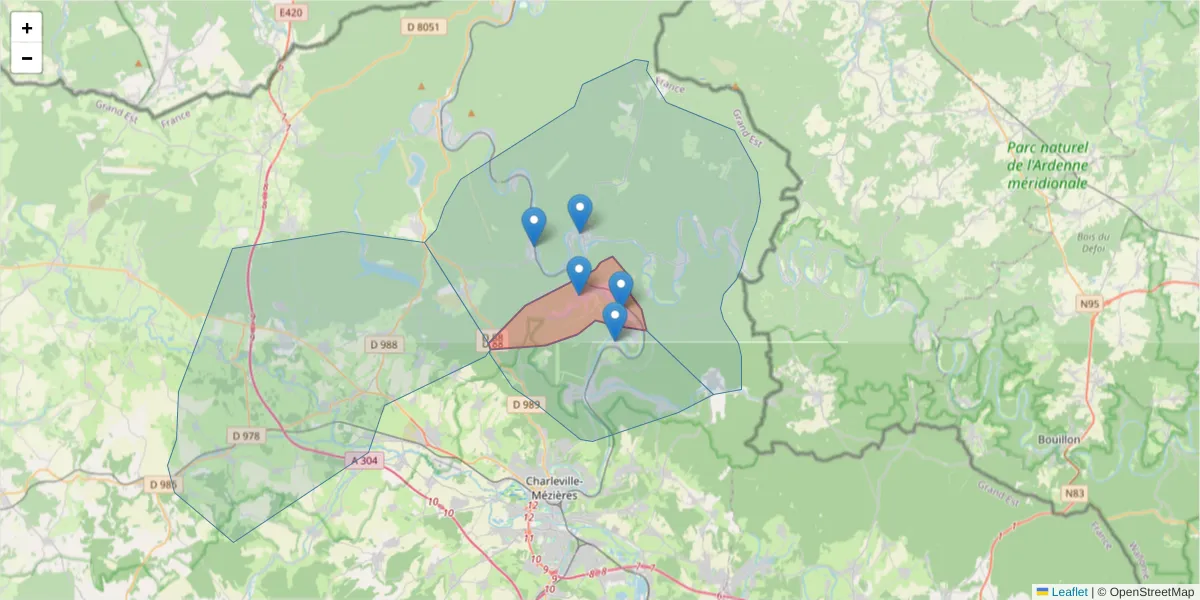 Carte de la zone du code postal  et des codes postaux voisins en France