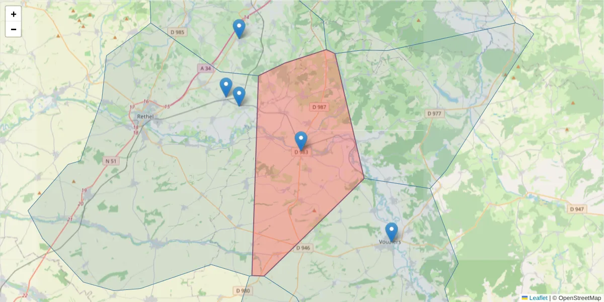 Carte de la zone du code postal  et des codes postaux voisins en France