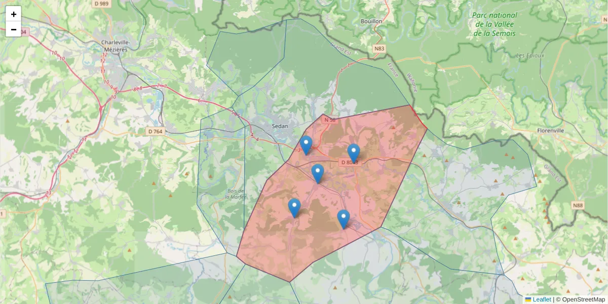 Carte de la zone du code postal  et des codes postaux voisins en France