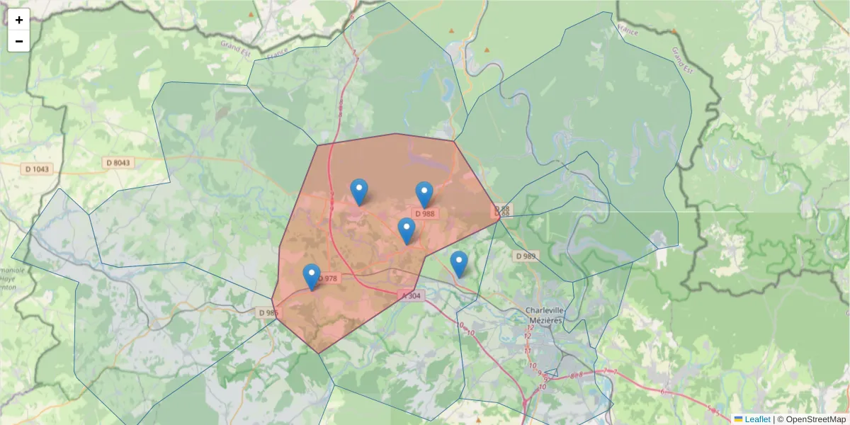 Carte de la zone du code postal  et des codes postaux voisins en France