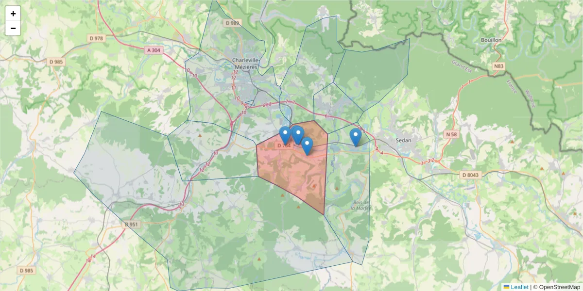 Carte de la zone du code postal  et des codes postaux voisins en France