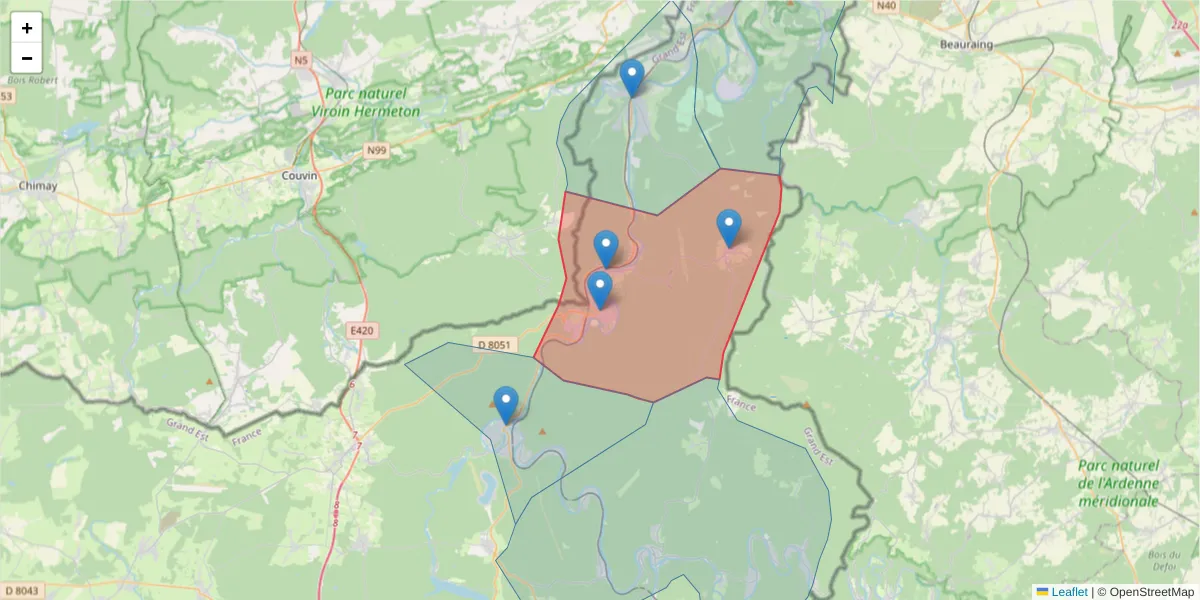 Carte de la zone du code postal  et des codes postaux voisins en France