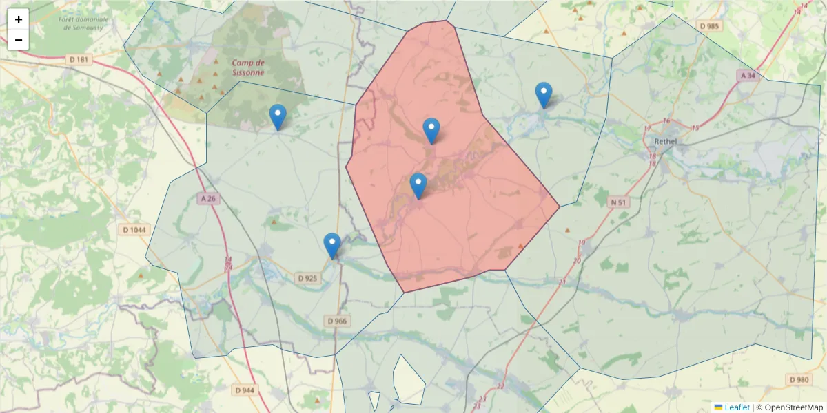 Carte de la zone du code postal  et des codes postaux voisins en France