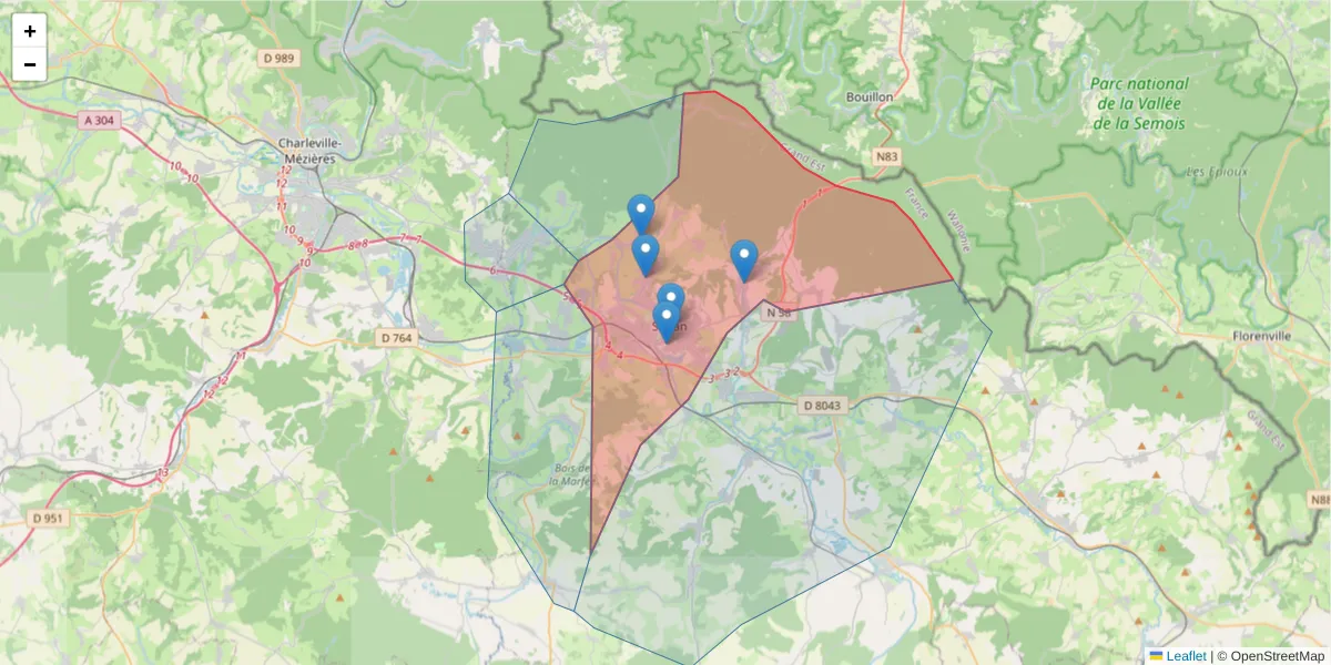 Carte de la zone du code postal  et des codes postaux voisins en France