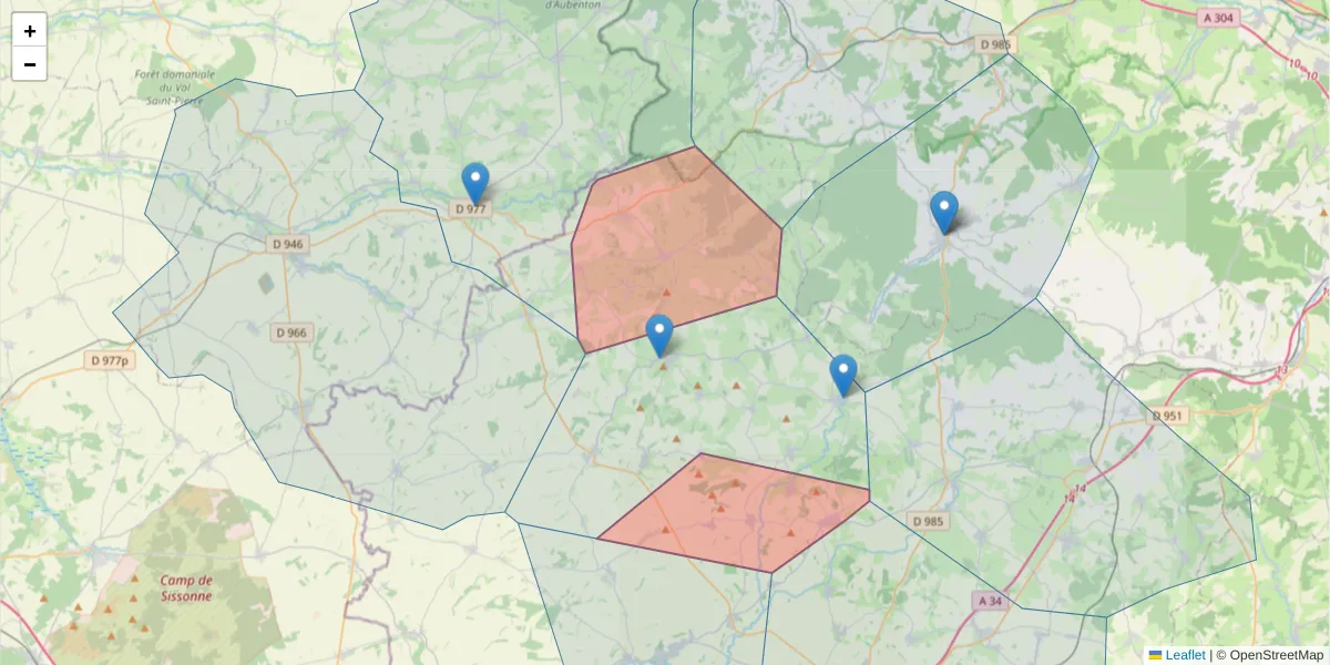Carte de la zone du code postal  et des codes postaux voisins en France