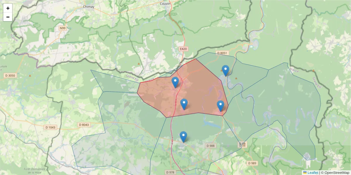 Carte de la zone du code postal  et des codes postaux voisins en France