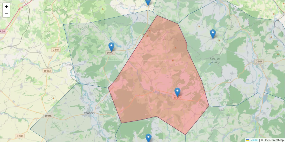 Carte de la zone du code postal  et des codes postaux voisins en France
