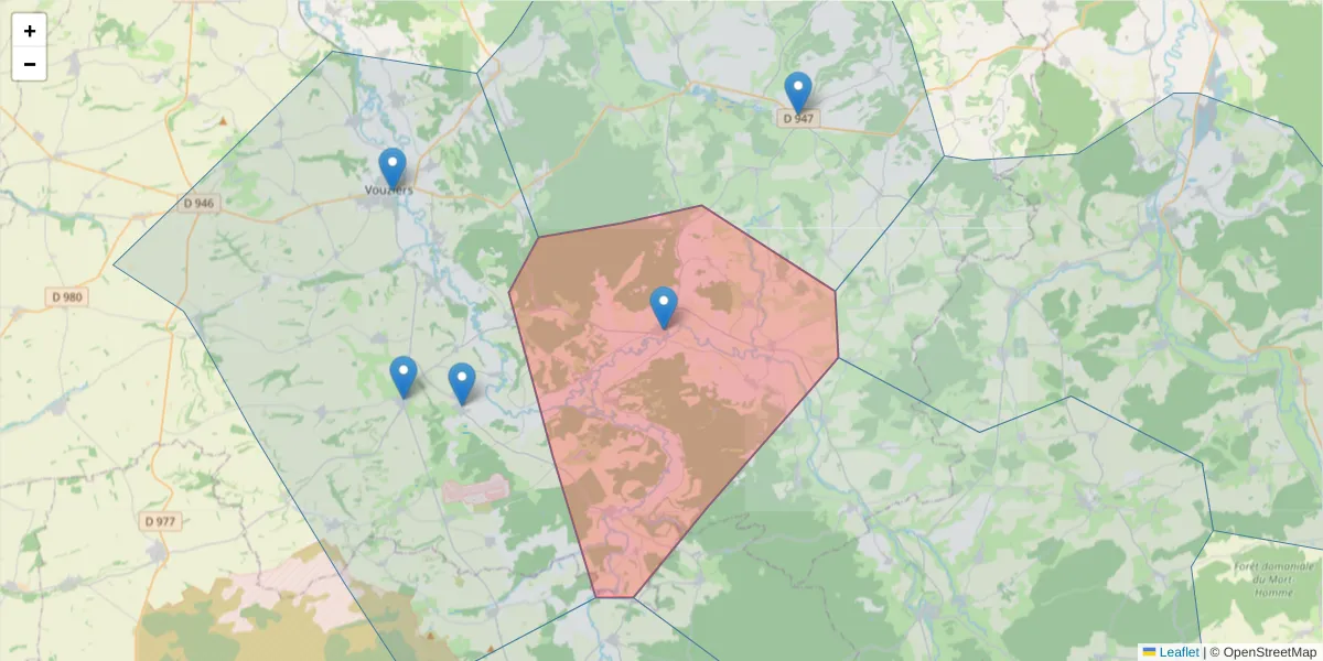 Carte de la zone du code postal  et des codes postaux voisins en France