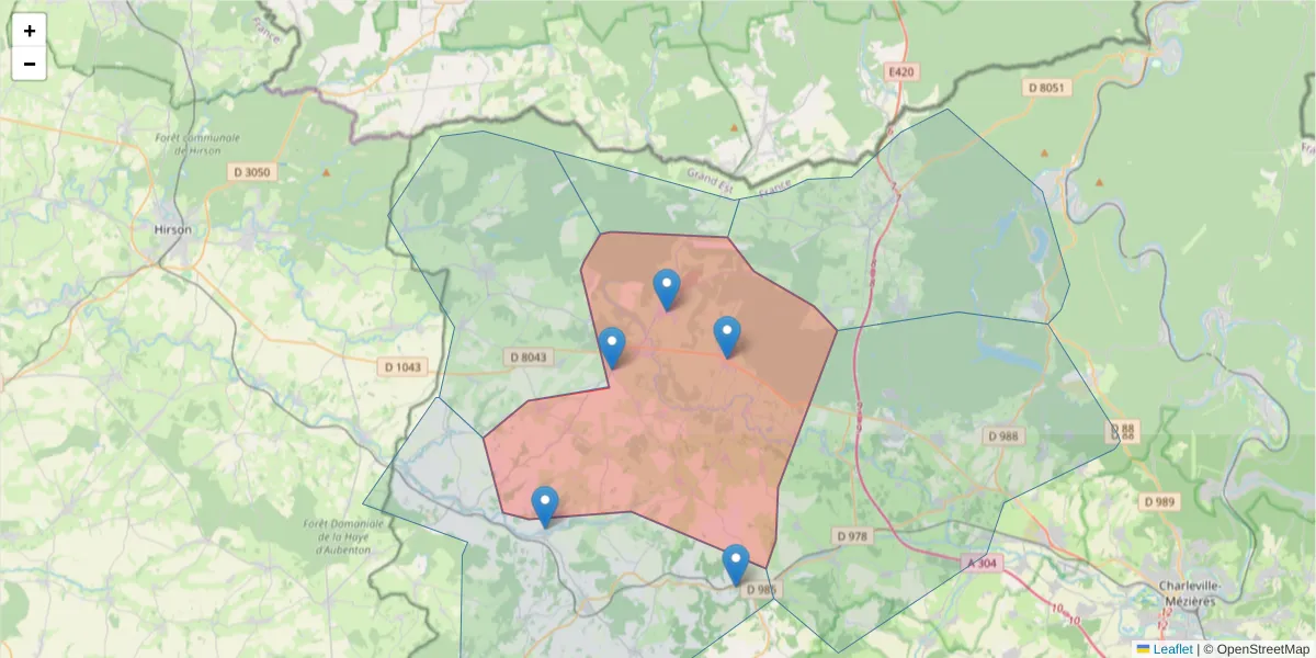 Carte de la zone du code postal  et des codes postaux voisins en France
