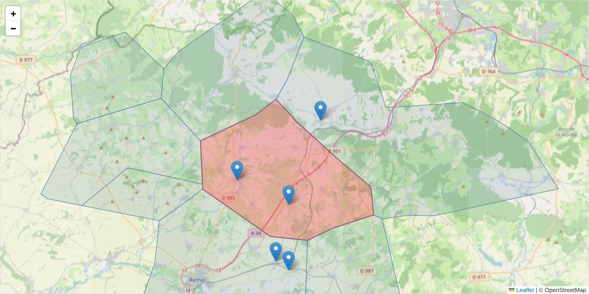 Carte de la zone du code postal  et des codes postaux voisins en France